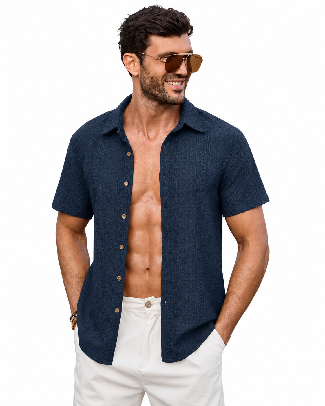 Men’s Crochet Textured Short Sleeve Button Down Shirt Casual Summer Beach Top