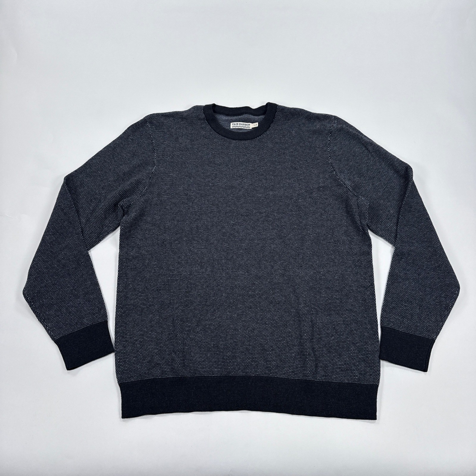 Fair Harbor Mens Sweater Large Navy Grey Micro Texture Crewneck Coastal
