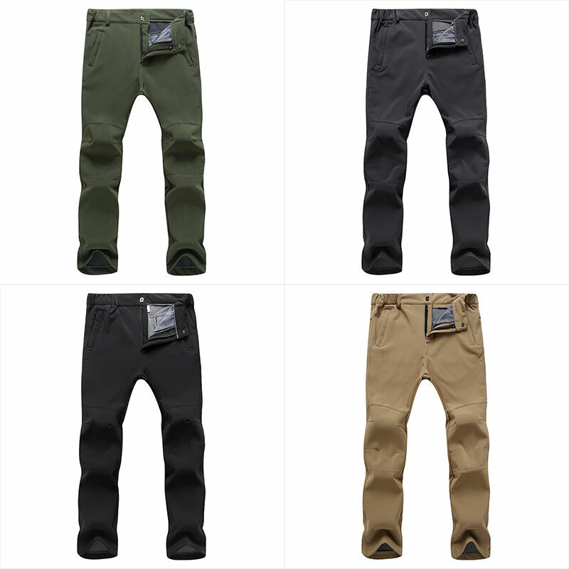 Mens Fleece Lined Soft Shell Pants Waterproof Sport Outdoor Hiking Trousers Slim