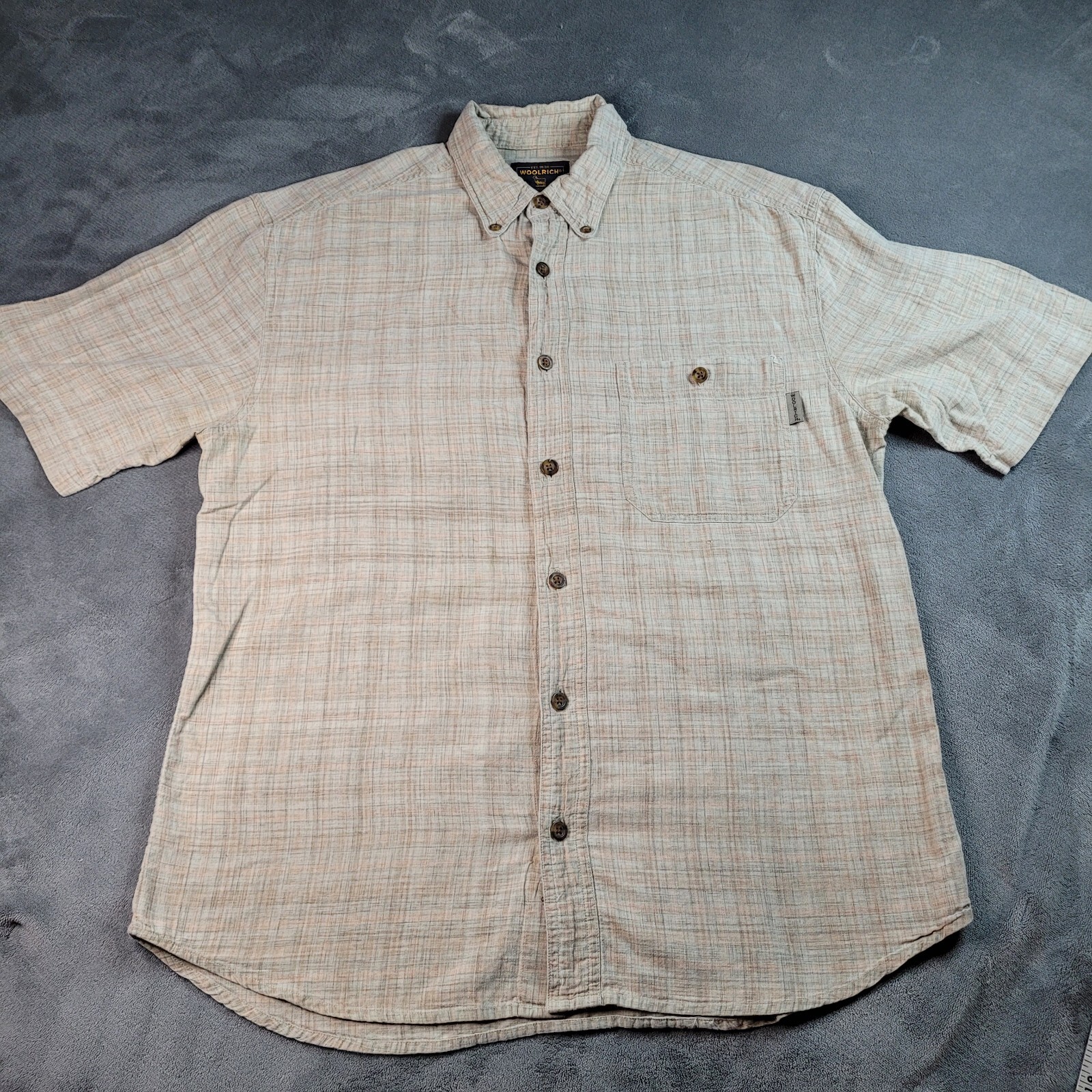 Mens Woolrich Plaid Button Down Brown SS Shirt Sz L Outdoor Front Pocket Camping