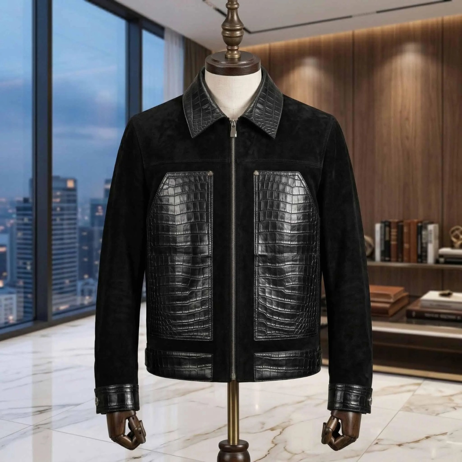 Men’s Crocodile Print Jacket Real Black Suede Leather Luxury Western Stud Jacket
