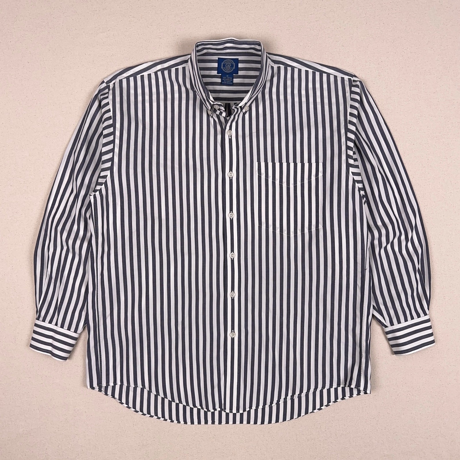 Vintage 80s GAP Poplin Button Down Dress Shirt Mens M Navy White Bengal Stripe