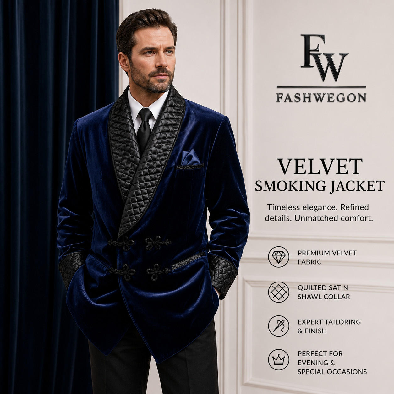Men’s Luxury Blue Velvet Smoking Jacket Quilted Lapel Dinner Party Tuxedo Blazer