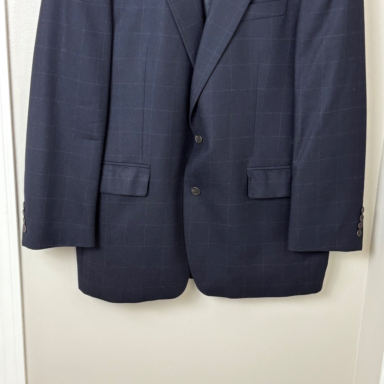 VTG Polo University Club Mens Navy Blue Wool Blazer Jacket Size 44T Window Pane