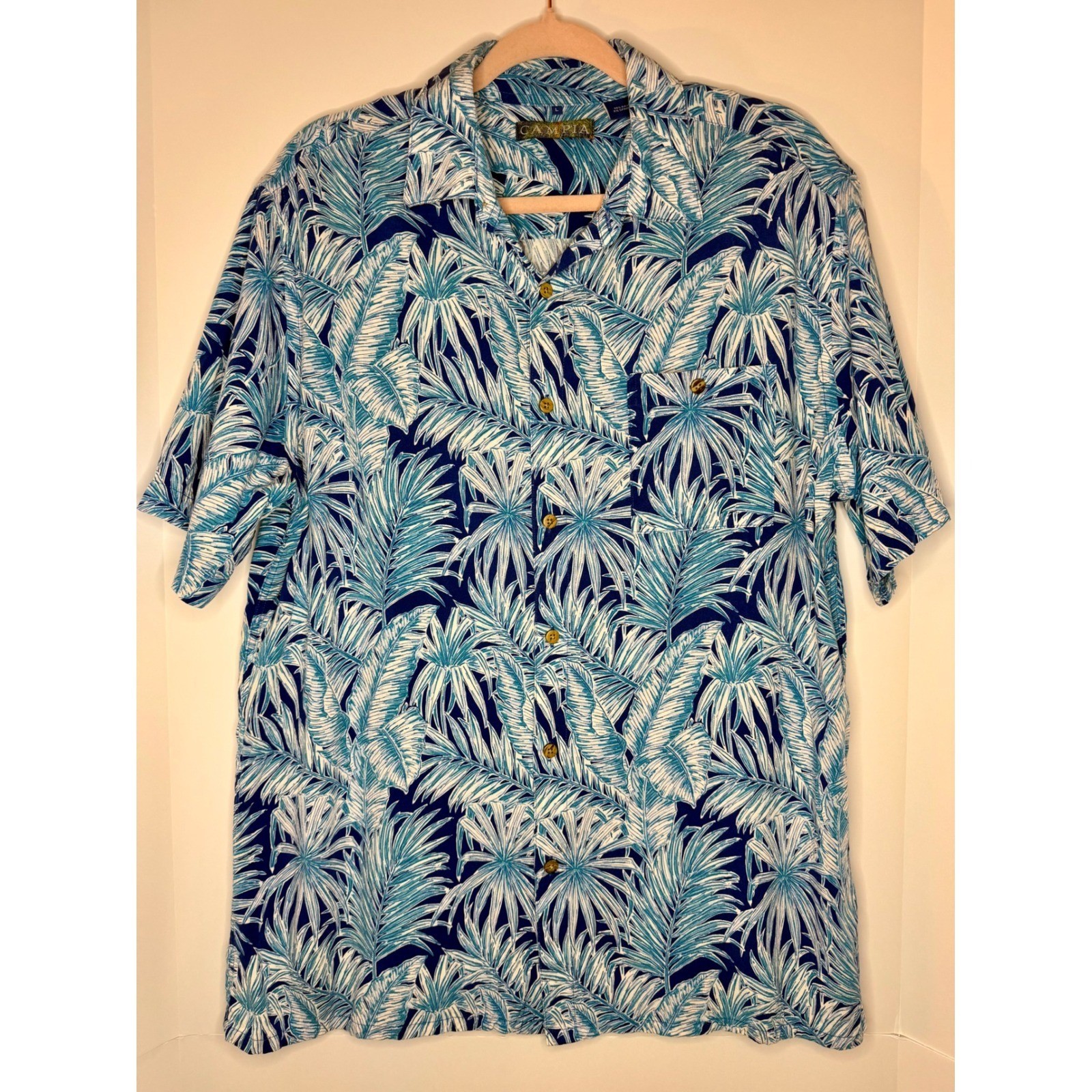 Campia Mens Large Blue Hawaiian Aloha Tropical Palm Leaf Rayon Button Down Shirt