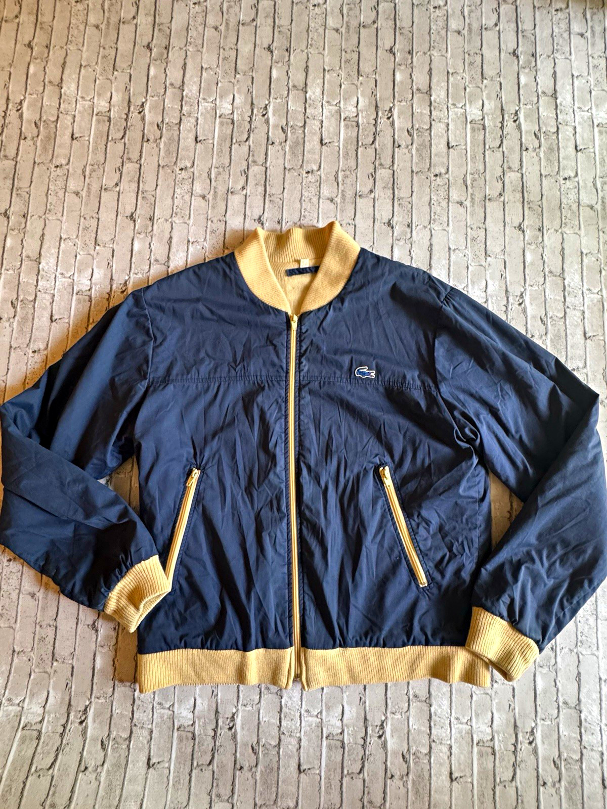 VintageLacoste Men’s Full Zip Bomber Jacket Blue/Beige Solid Regular Fit