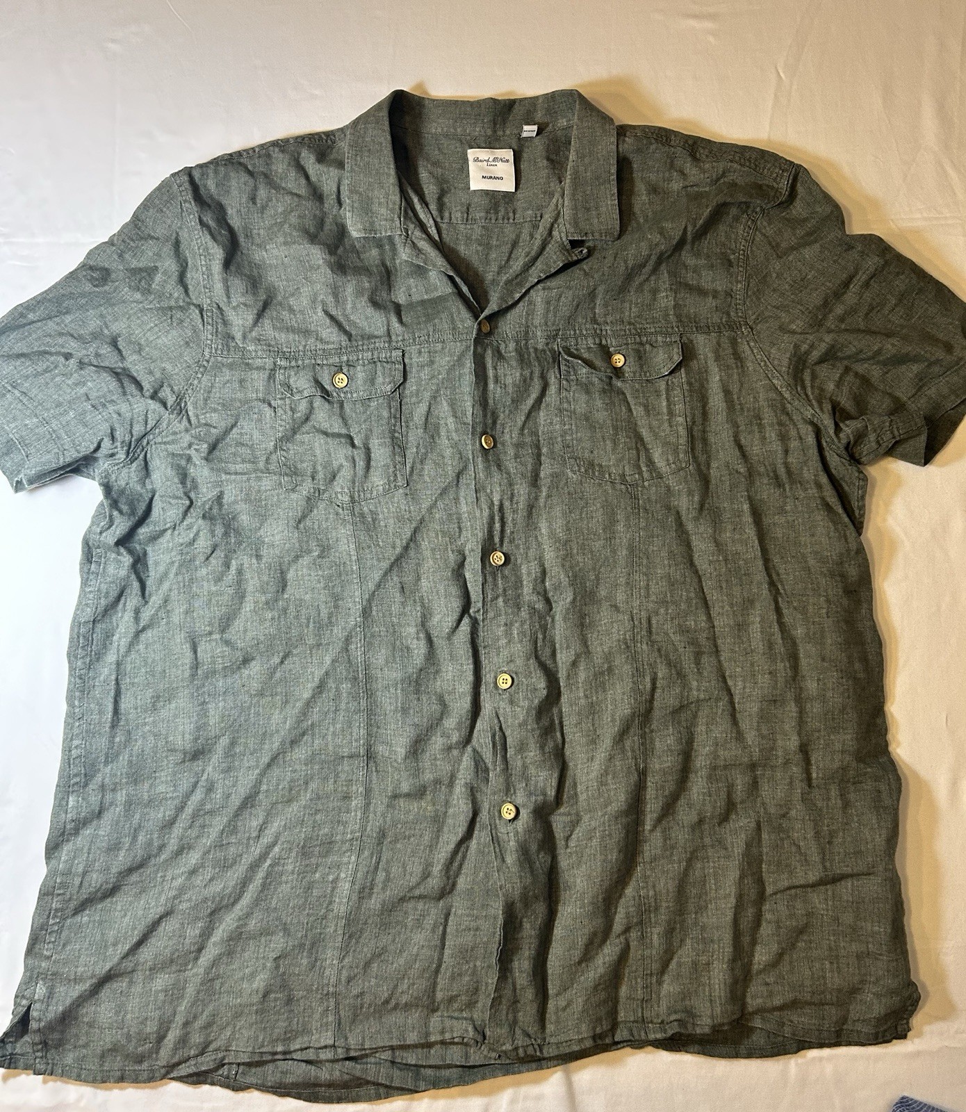 Murano Baird McNutt Linen Shirt Mens Short Sleeve Olive Green Button Down Sz XL