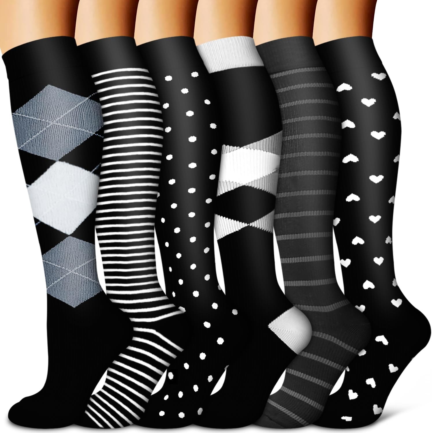 Copper Compression Socks Black Knee High Support Socks Unisex 6 Pairs
