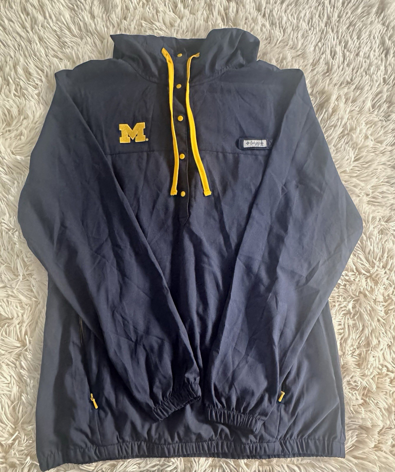 Columbia PFG Women’s Hooded Windbreaker Pullover Snap Placket Blue/Yellow S/P