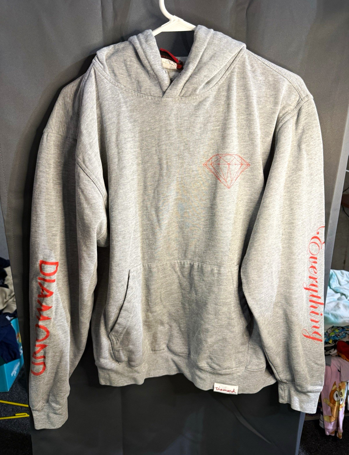 Diamond Supply Co Men’s Gray L Pullover Fleece Hoodie Graphic Logo Pockets