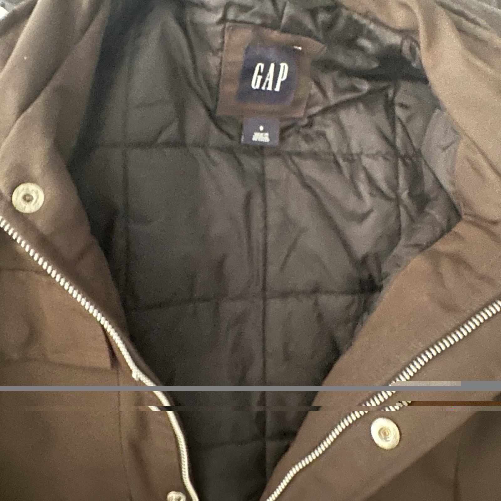 GAP Jacket Men’s Size Small Brown Zip Parka Quilted Lined Hidden Hood RN 54023