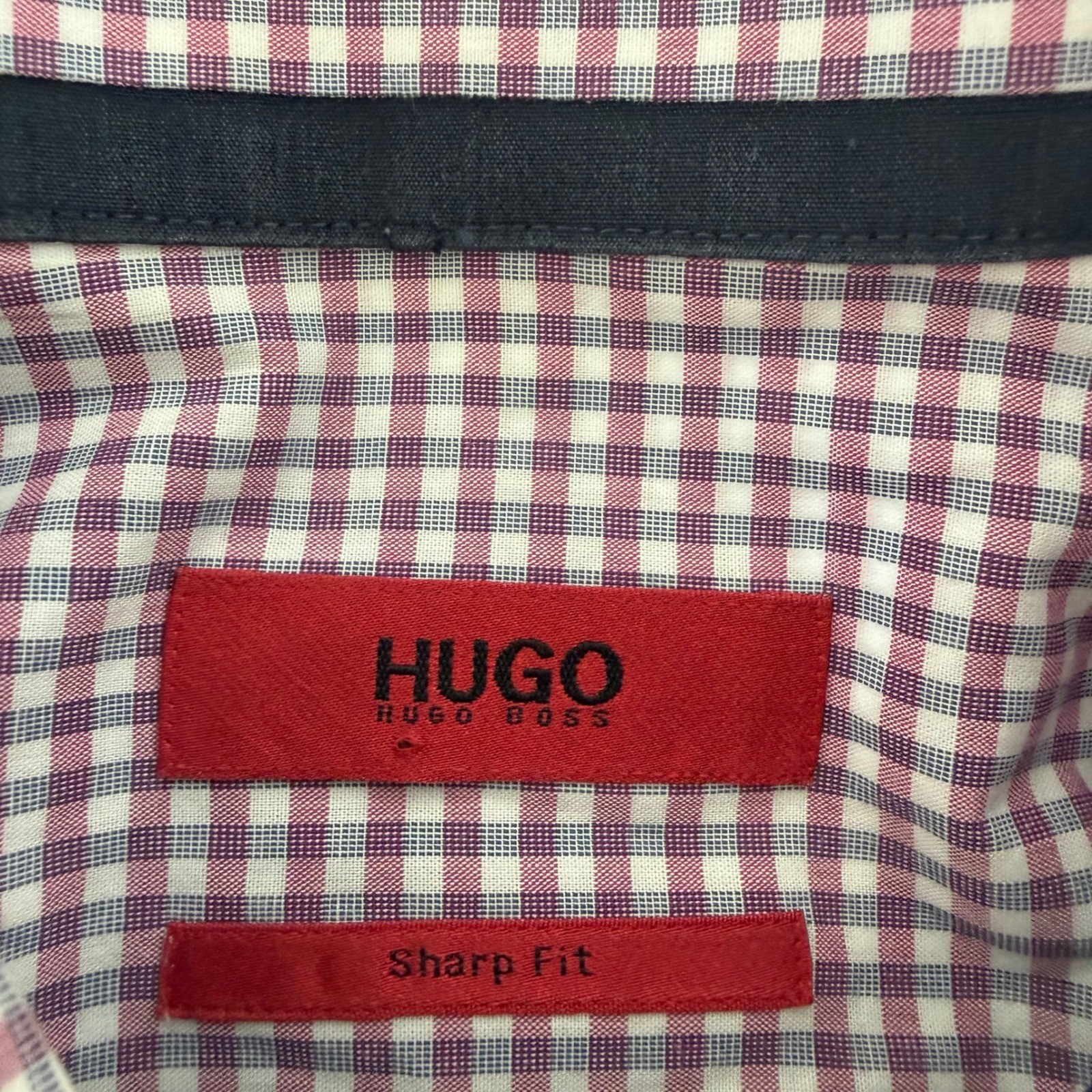 Hugo Boss Sharp Fit Mens 15.5 32/33 Purple Gingham Check Dress Shirt Long Sleeve