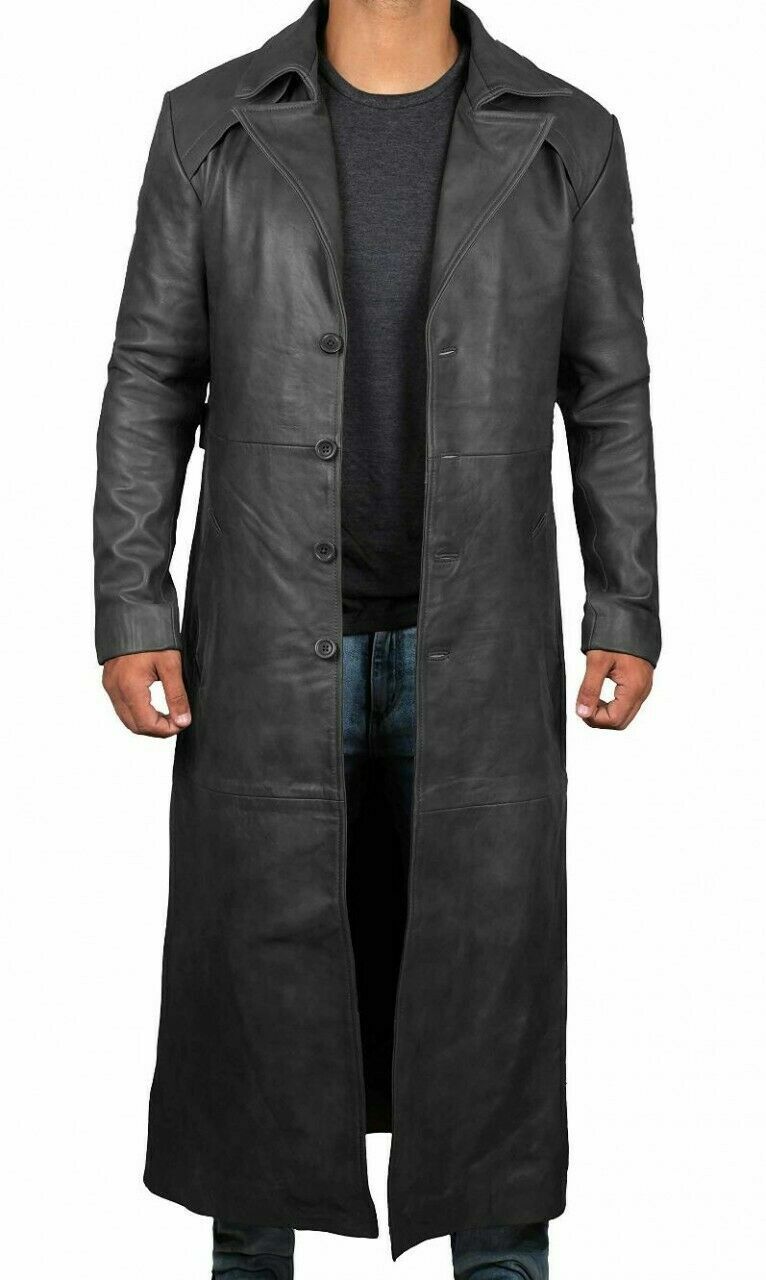 Men’s Long Full Length Black Leather Button Front Trench Over coat Duster Jacket