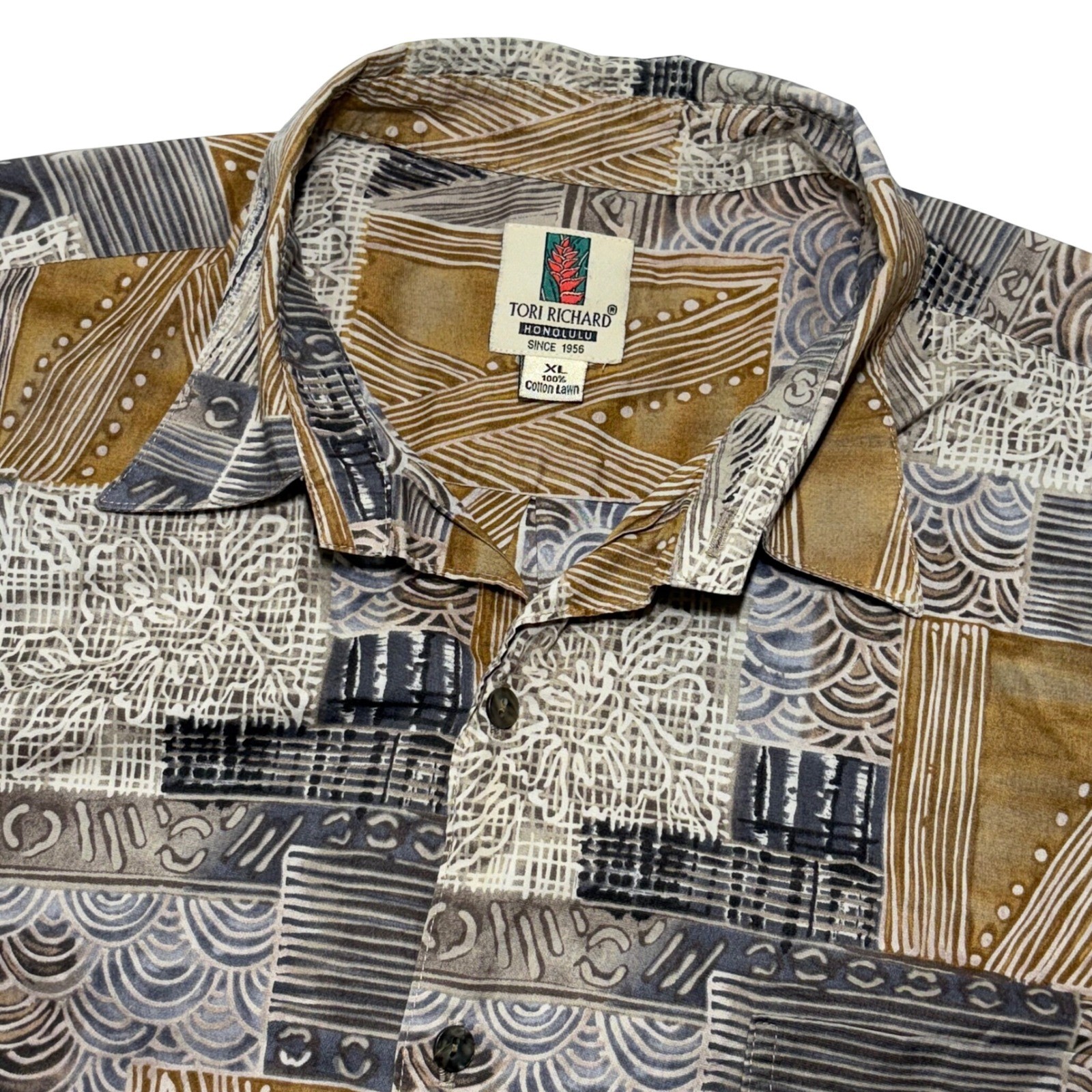 Tori Richard Mens XL Cotton Lawn Shirt Geometric Patchwork Made in Hawaii 8180