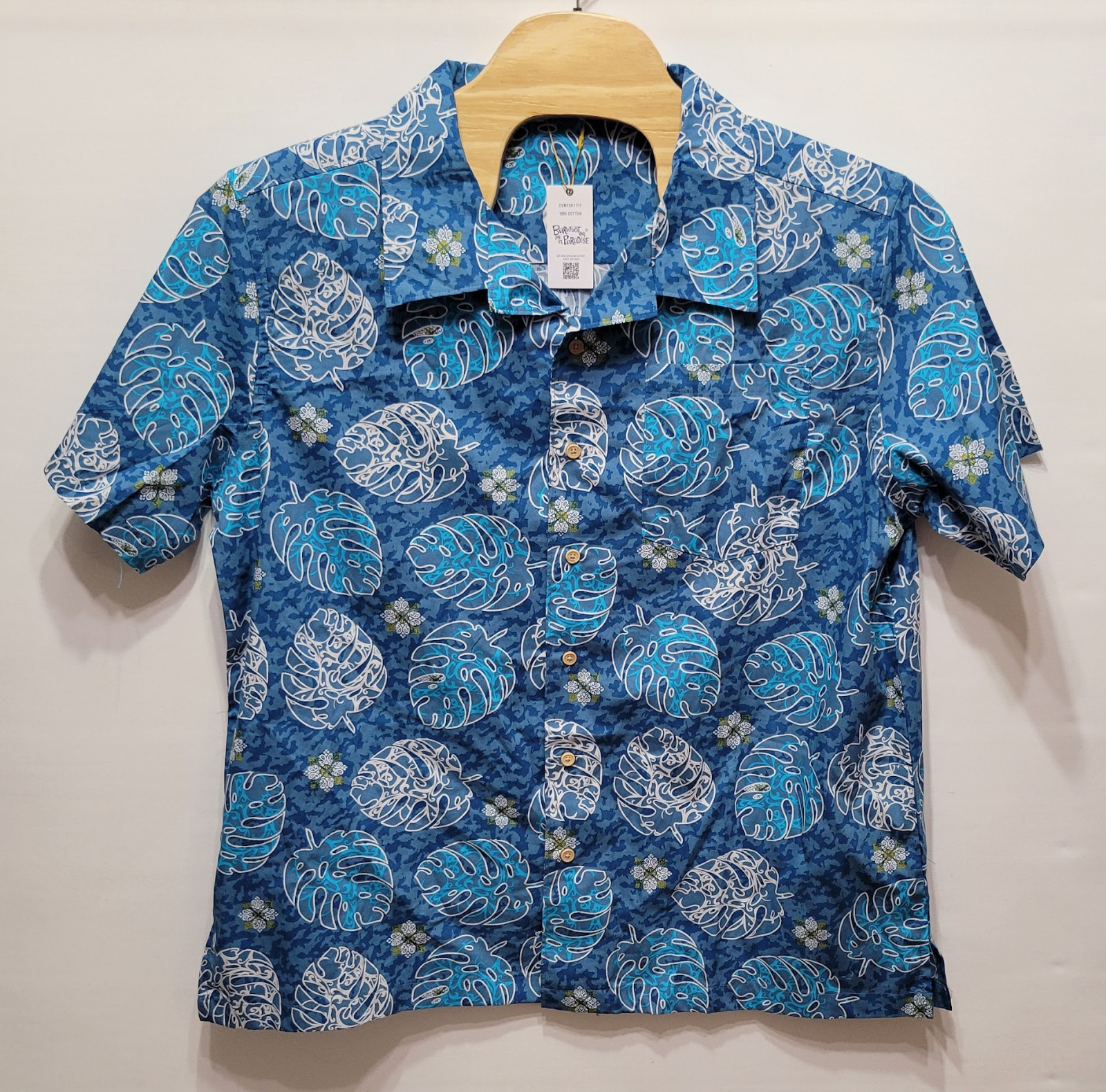 Barefoot In Paradise Blue Palm Leaves Print Hawaiian Shirt Men’s Size LARGE NWT