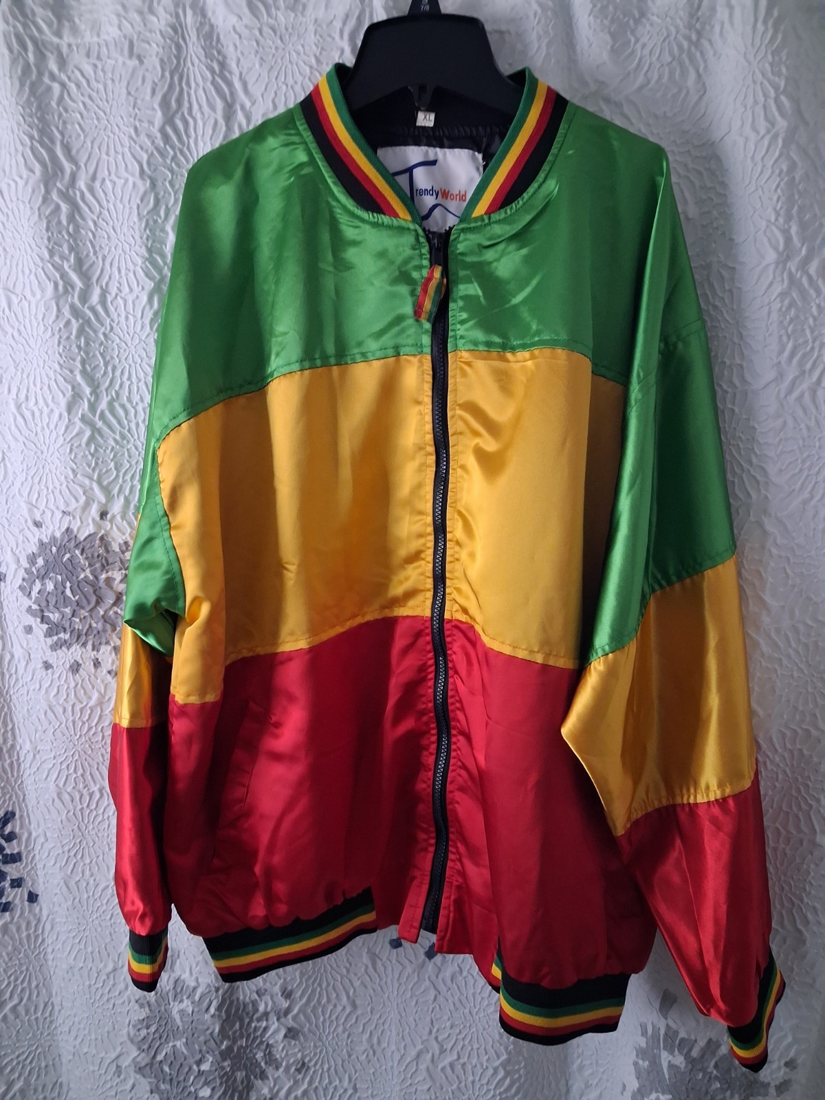 Trendy World Men’s Rasta Bomber Jacket Full Zip Green Yellow Red Black XL