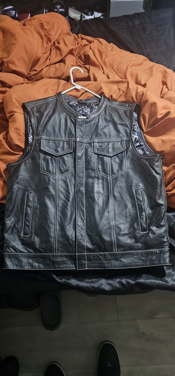 FMC Limited Men’s Black Leather Biker Vest XL Zip/Snap Closure Pockets