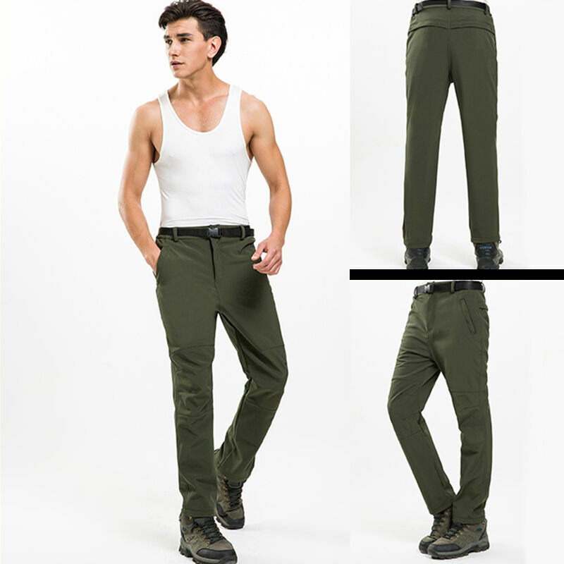 Mens Fleece Lined Soft Shell Pants Waterproof Sport Outdoor Hiking Trousers Slim