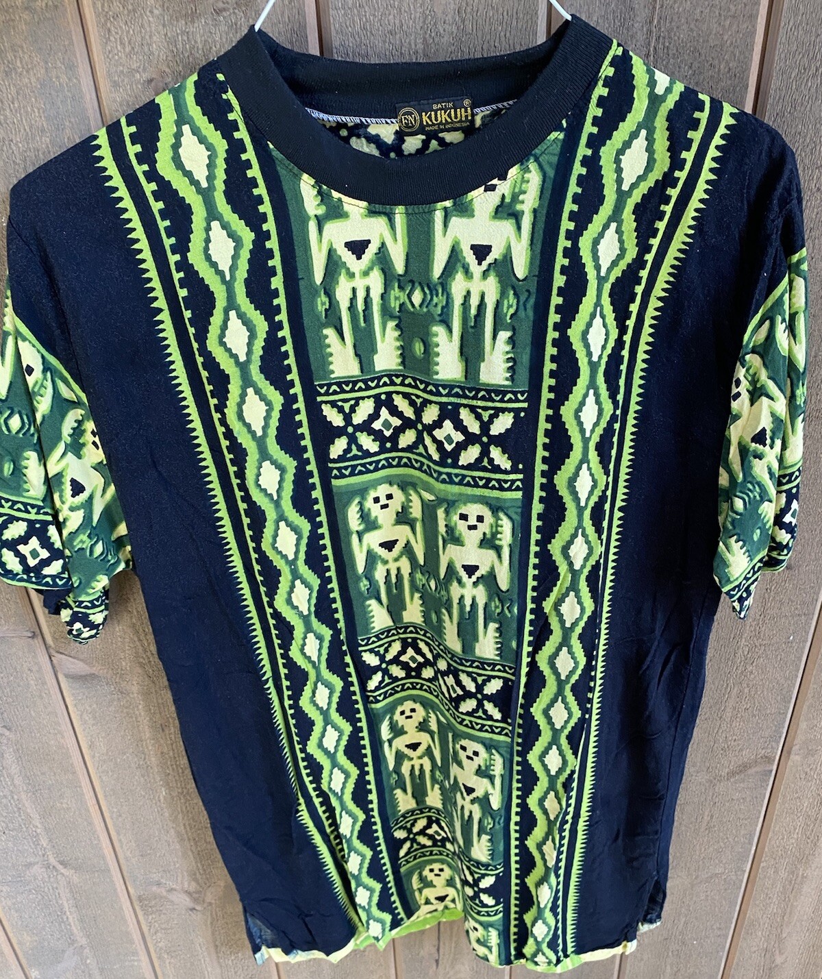 Kukuh Batik Indonesia Green Black Boho Print Short Sleeve Shirt