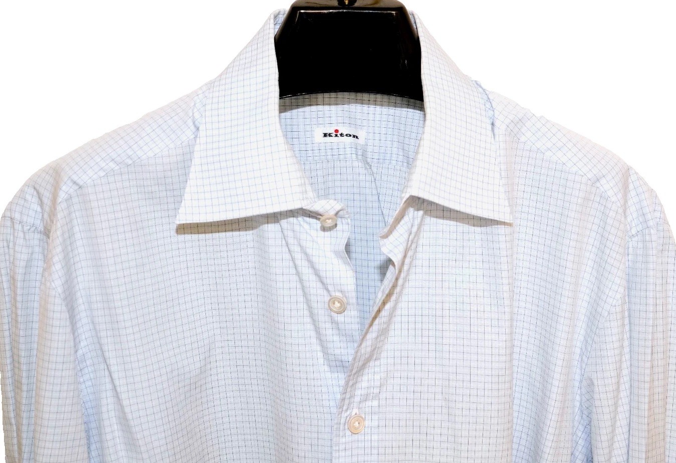 Kiton Men’s Dress Shirt Blue Crosshatch French Cuffs Cutaway Collar 17×34