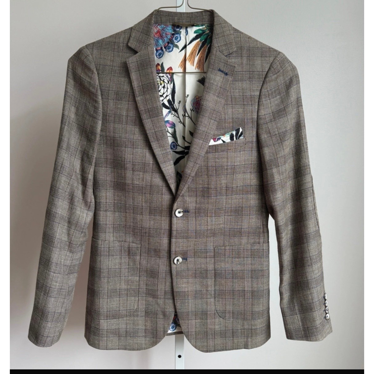 Paisley & Gray 36R Brown Plaid Blazer Floral Lining Wool Blend Sport Coat