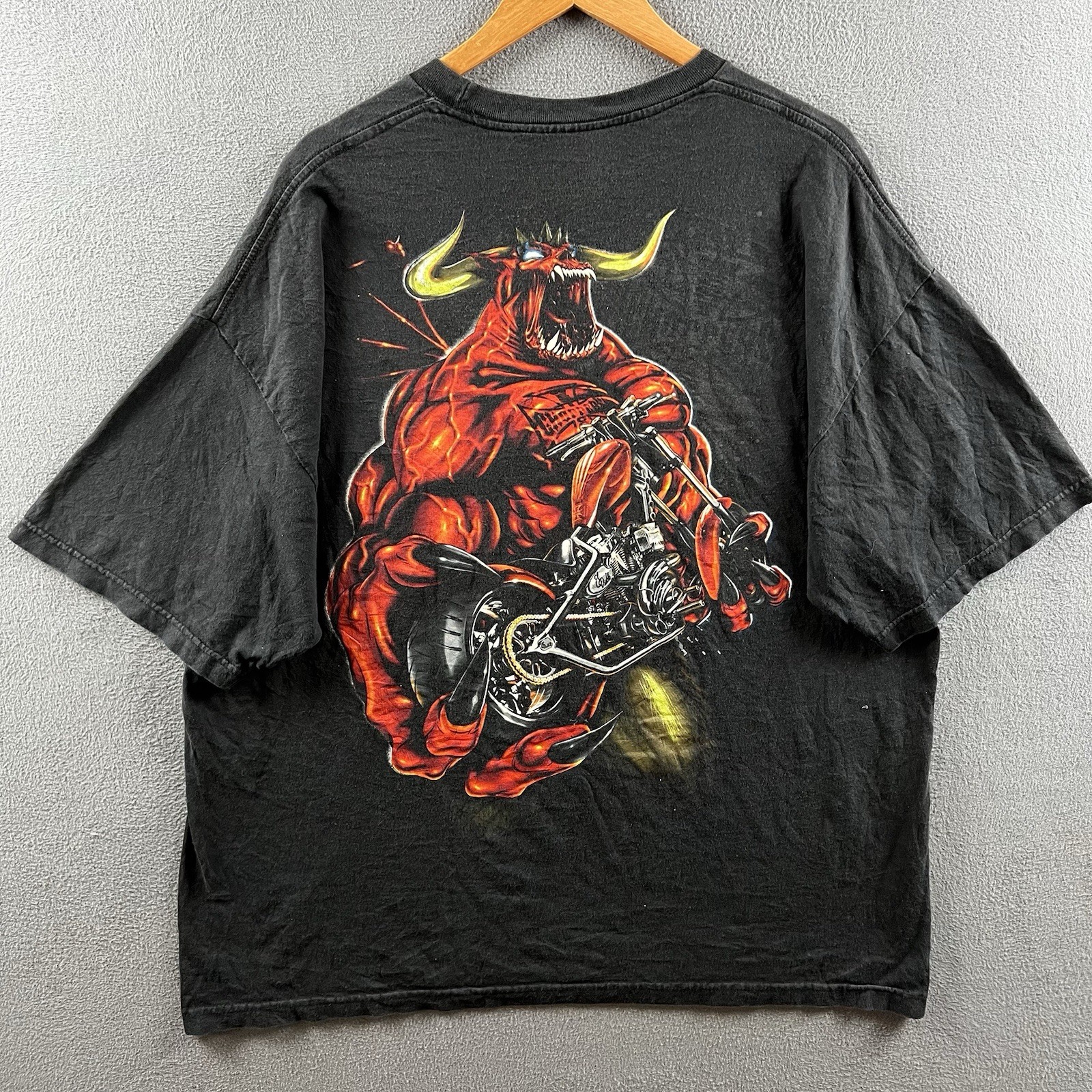 Vintage West Coast Choppers Shirt Mens 2XL Black Faded Flames Demon Devil Biker