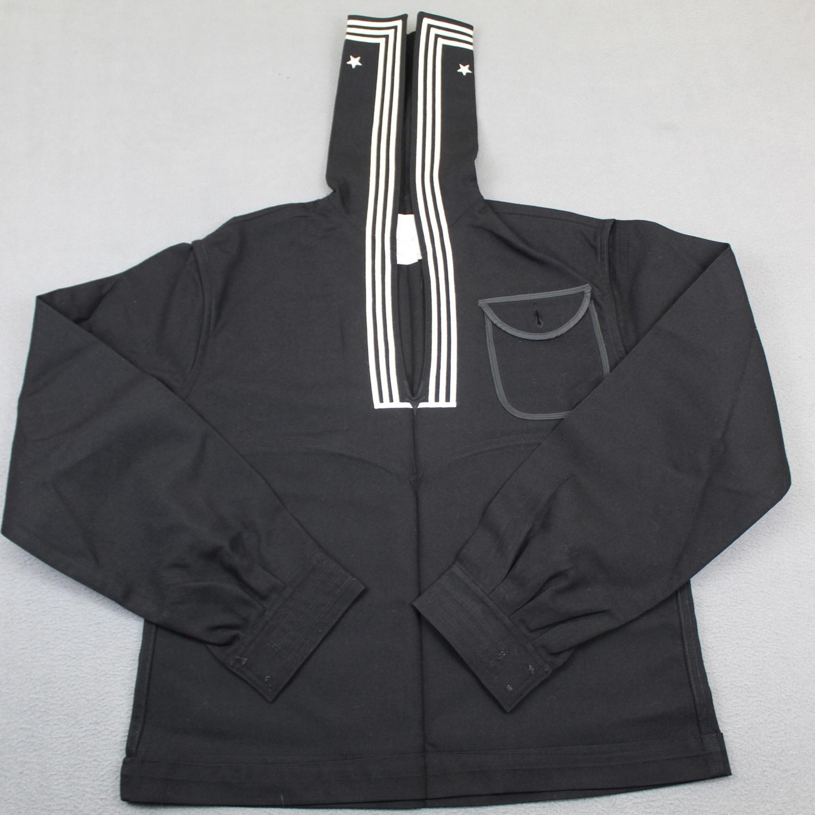 US Navy Sailor Uniform Mens 42R Black Wool Pullover Striped Collar Stars Jacket