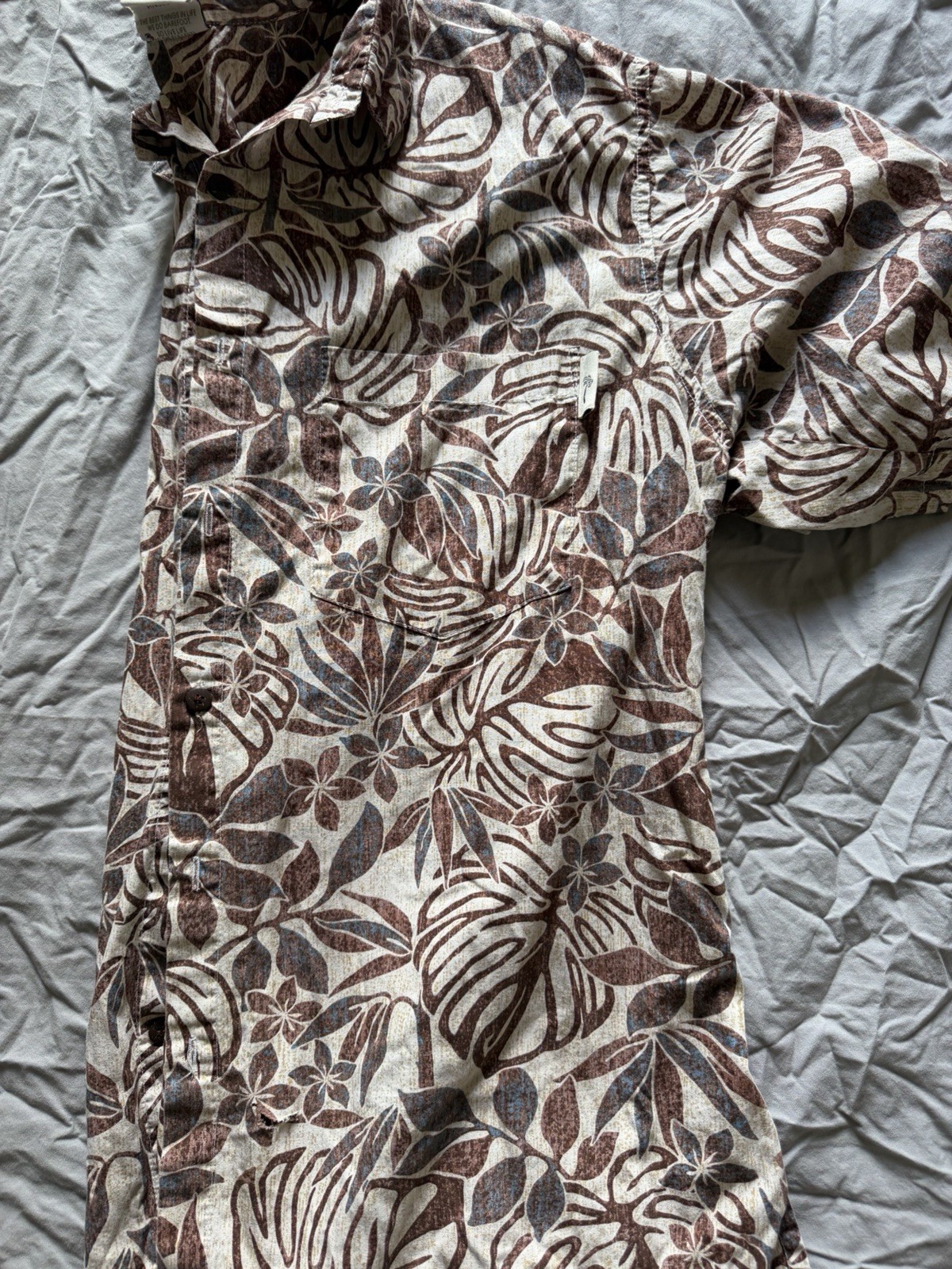 Go Barefoot Men’s L Brown/Beige Hawaiian Tropical Floral Woven Button-Up Shirt