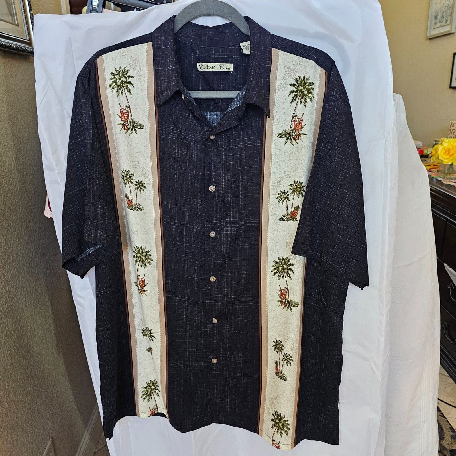 Batik Bay Men’s Tropical Palm Tree & Cocktail Panel Button Down Shirt