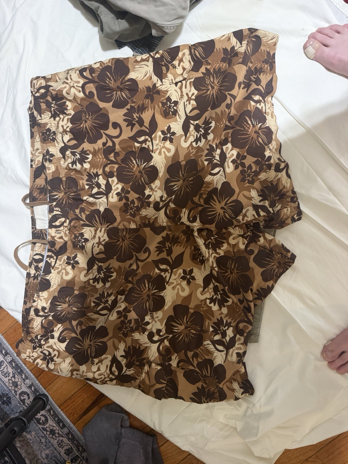 Mens XXXXL (4X) Brown Tan Floral Board Shorts Swim Trunks Drawstring Back Pocket