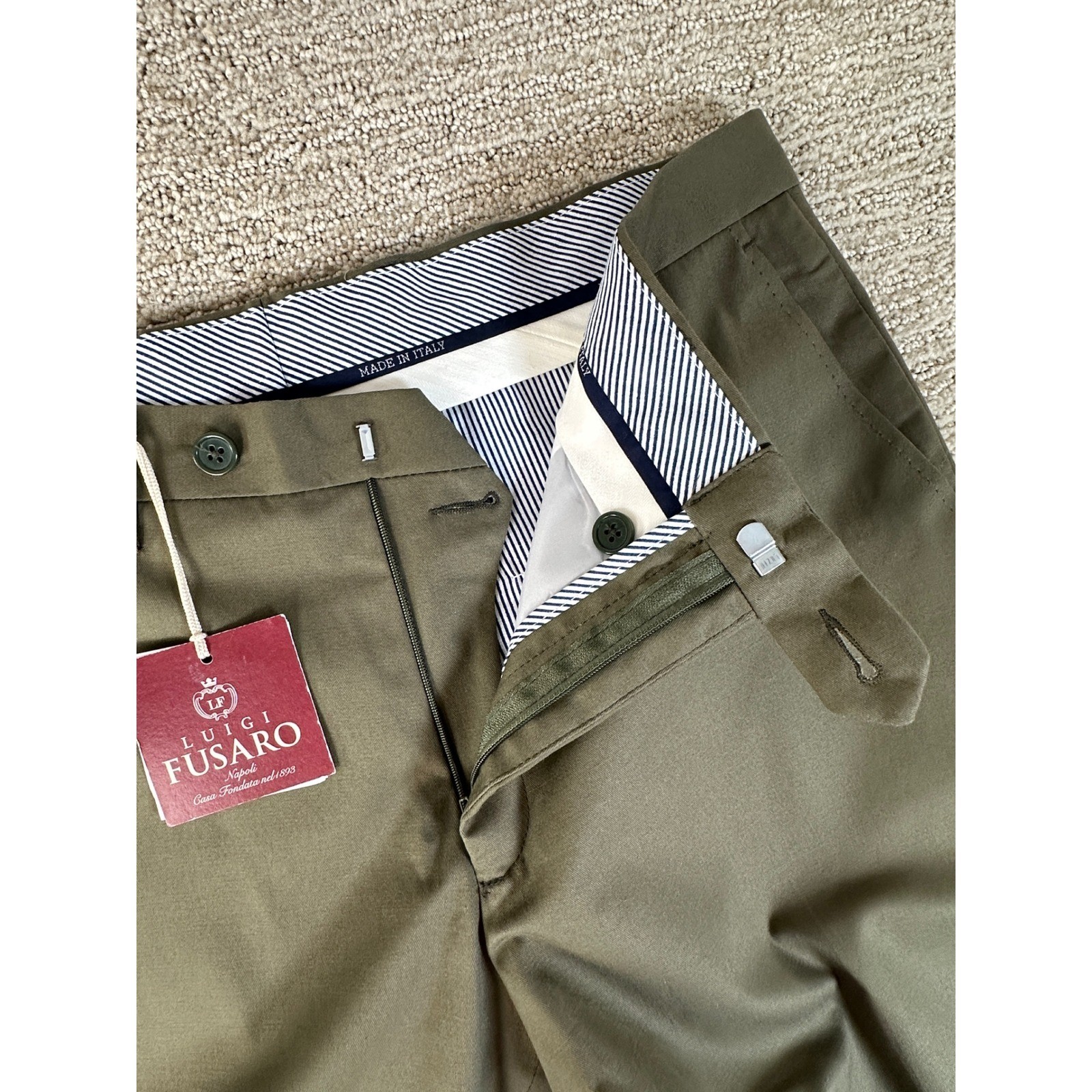 Luigi Fusaro Napoli Mens Chino Trousers Olive Green Cotton Stretch Italy TG 50