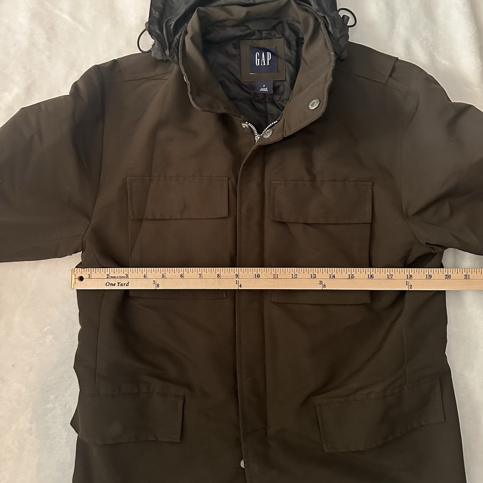 GAP Jacket Men’s Size Small Brown Zip Parka Quilted Lined Hidden Hood RN 54023