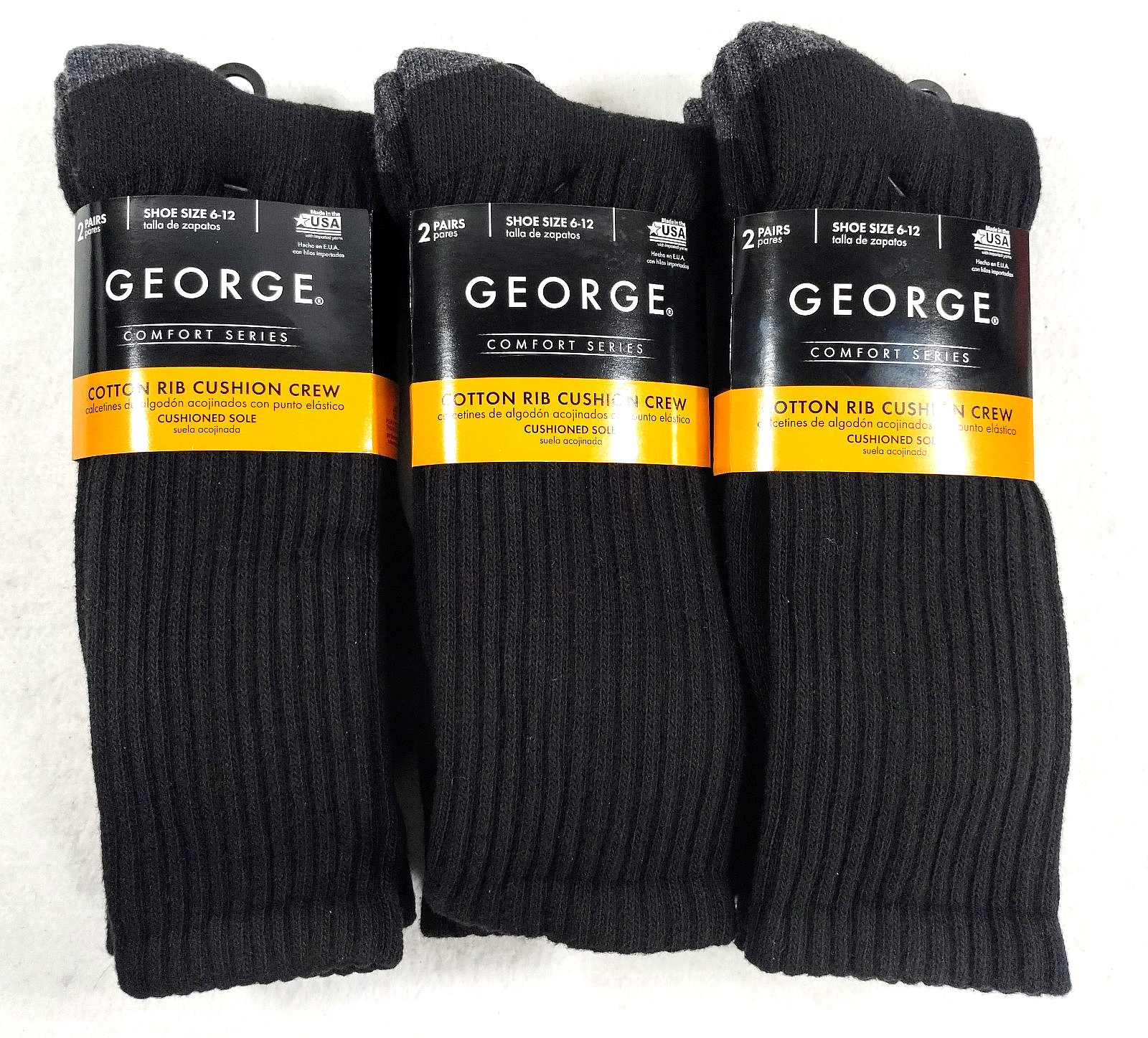3 George Comfort Cotton Black Crew Socks Men’s 2 Pair Pack Black Shoe Size 6-12