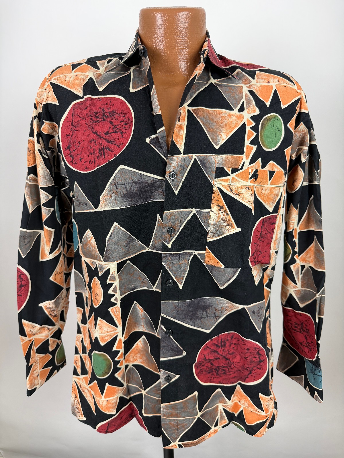 Vintage 80s 90s Geometric Shirt Men Small Tribal Colorful Long Sleeve Button Up