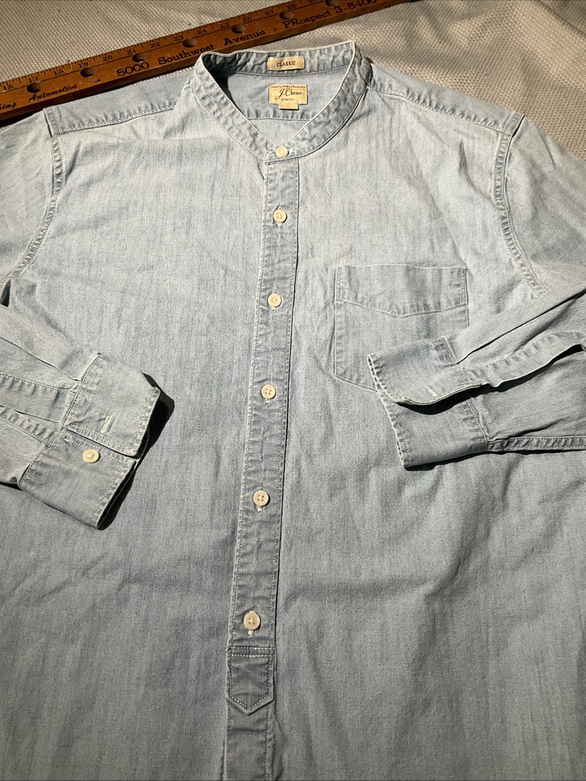 J Crew Shirt Mens Large Blue Chambray Button Down Sailor Collar Preppy Pocket