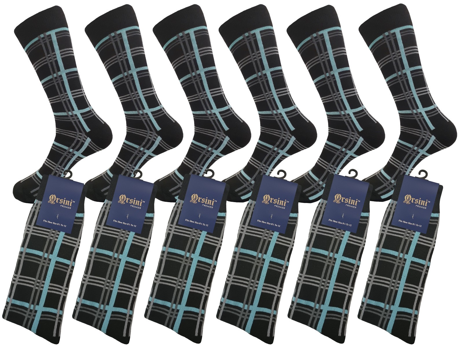 3-6-12 Pk Dress Socks First Quality Plaid striped Aqua Blue COTTON Socks 10-13