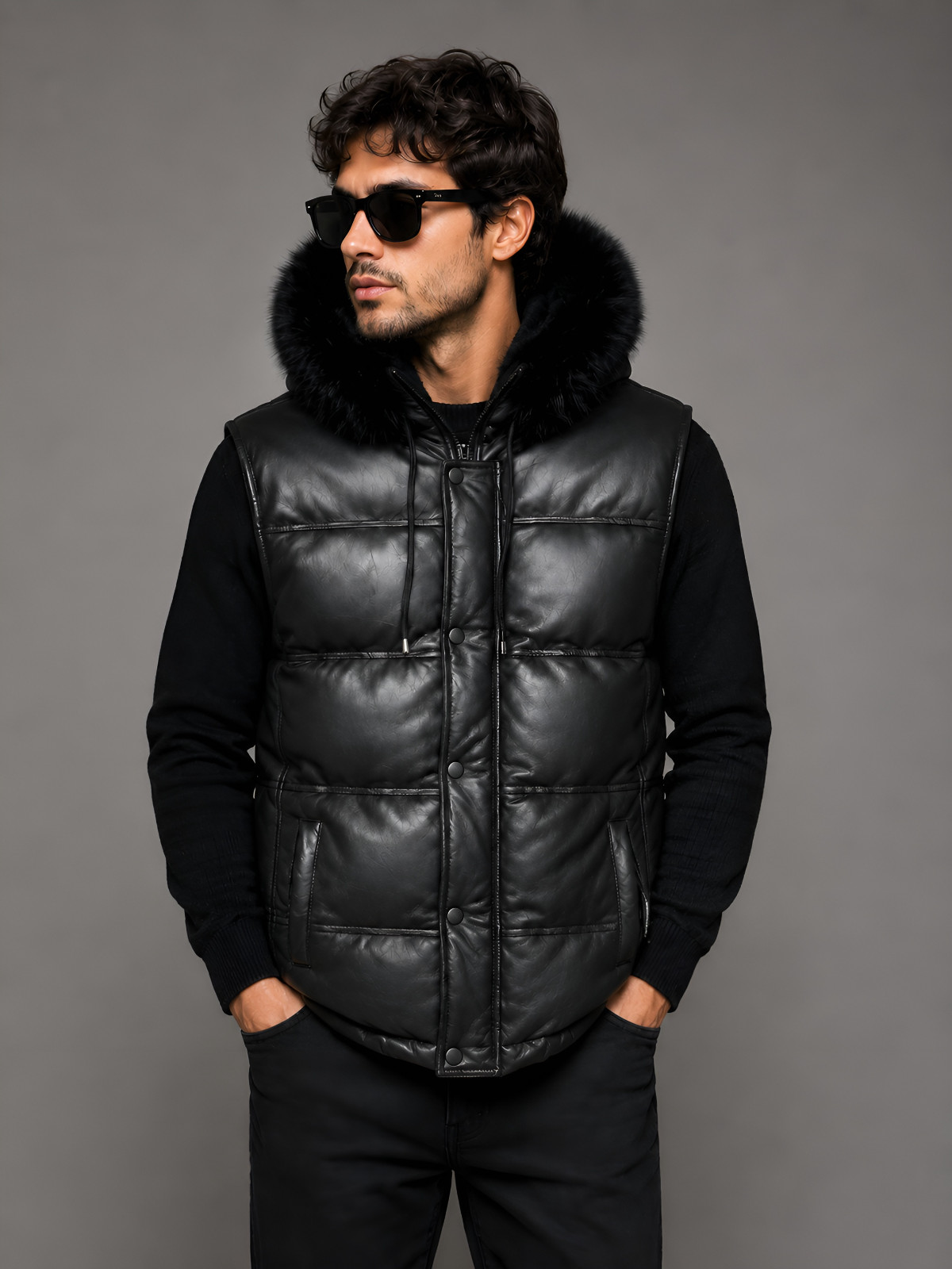 Men’s Puffer Bubble Real Lambskin Leather Handmade Vest Fur Collar & Detach