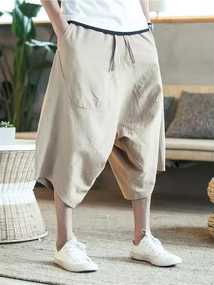 Mens Linen Cotton Baggy Capri Shorts Summer Beach Casual Wide Leg Lounge Pants