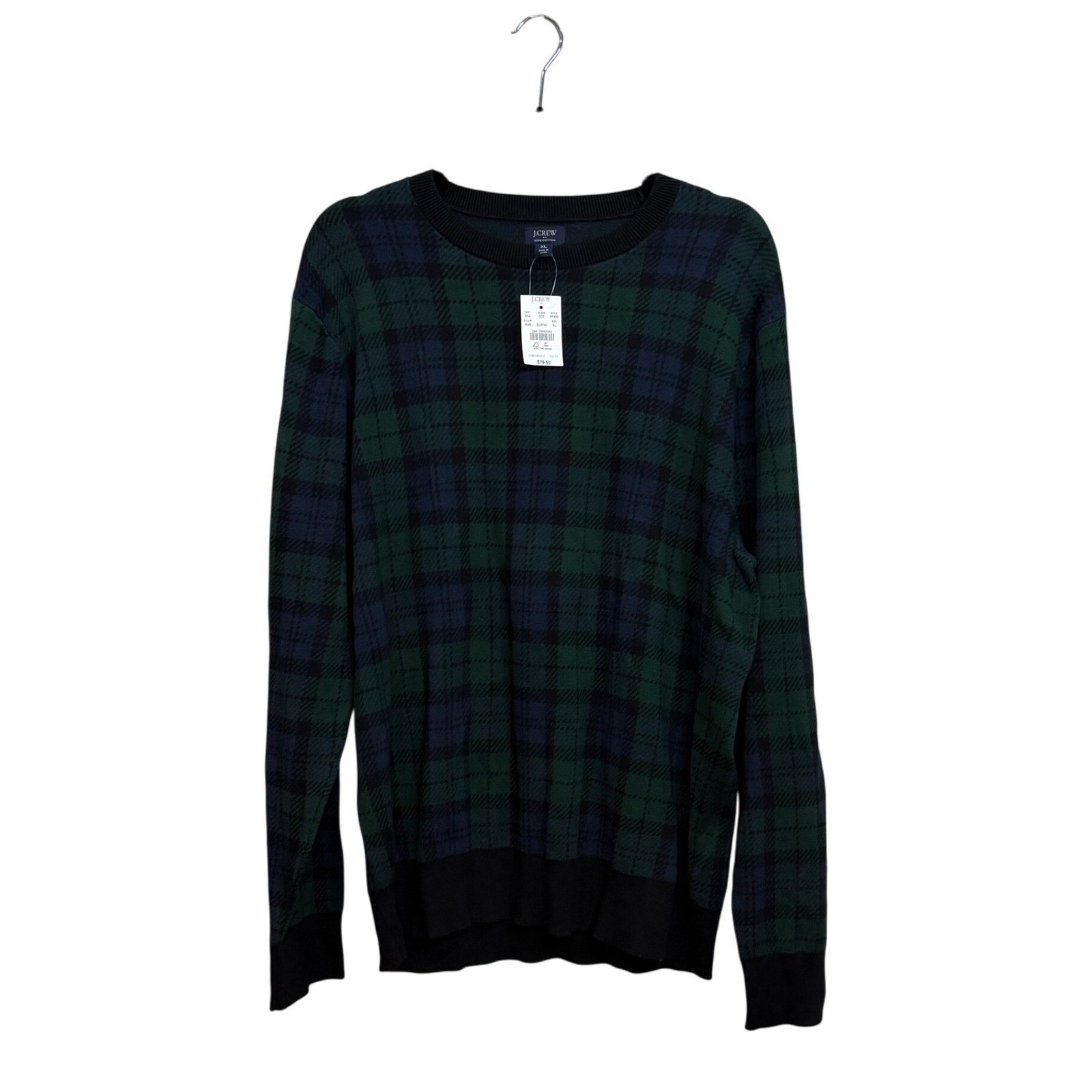 J Crew Mens Plaid Sweater 100 Cotton Green Blue XL Preppy Academia Natural Fiber