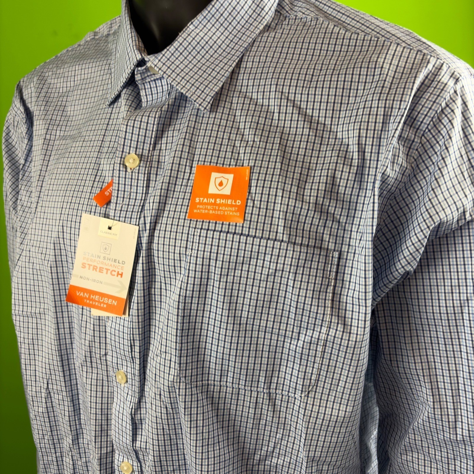 Van Heusen Traveler Mens XL Mazarine Blue Check Stretch Dress Shirt Non-Iron NWT