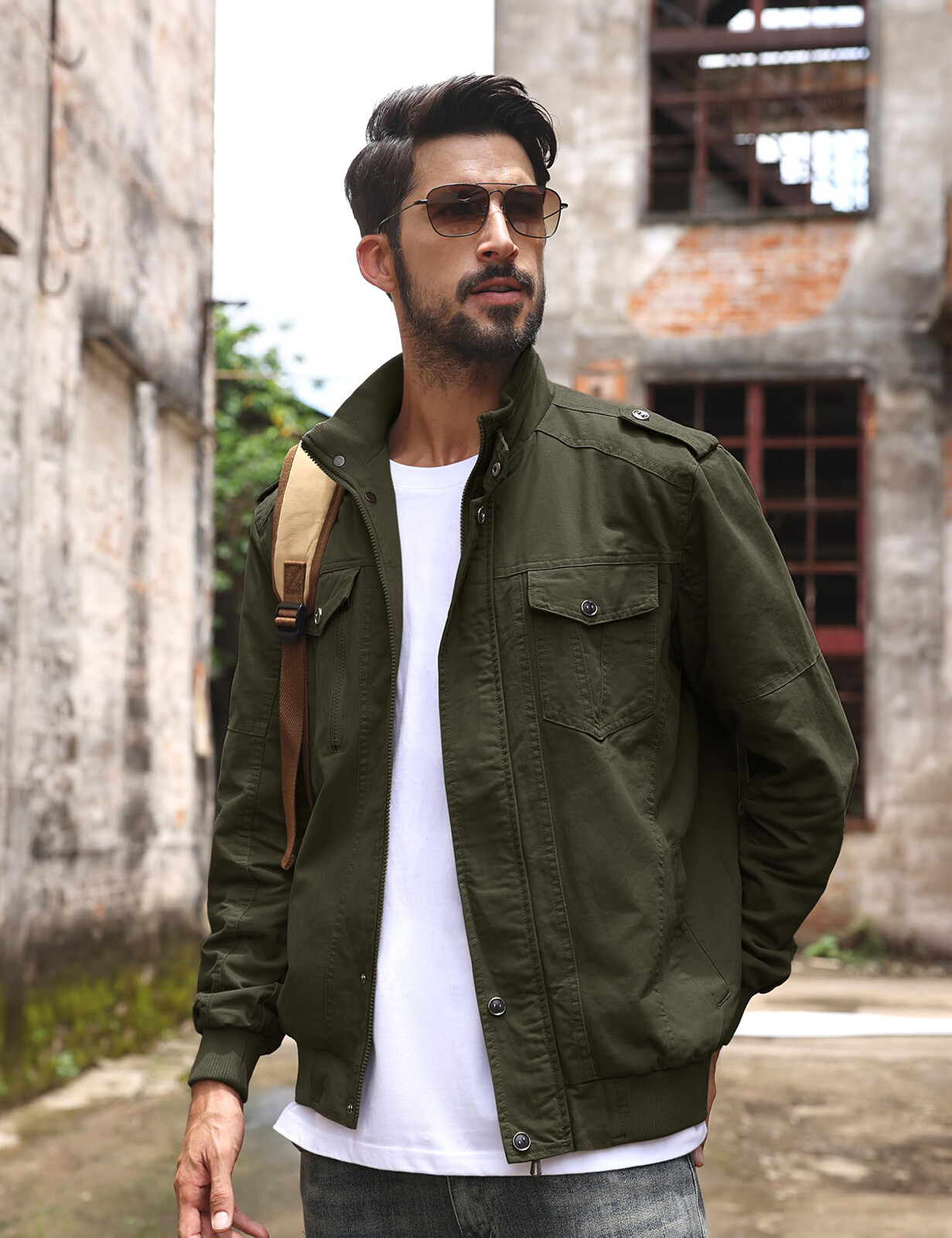 Men’s Spring Fall Cotton Jacket Bomber Jacket Casual Cargo Work Lightweight Coat