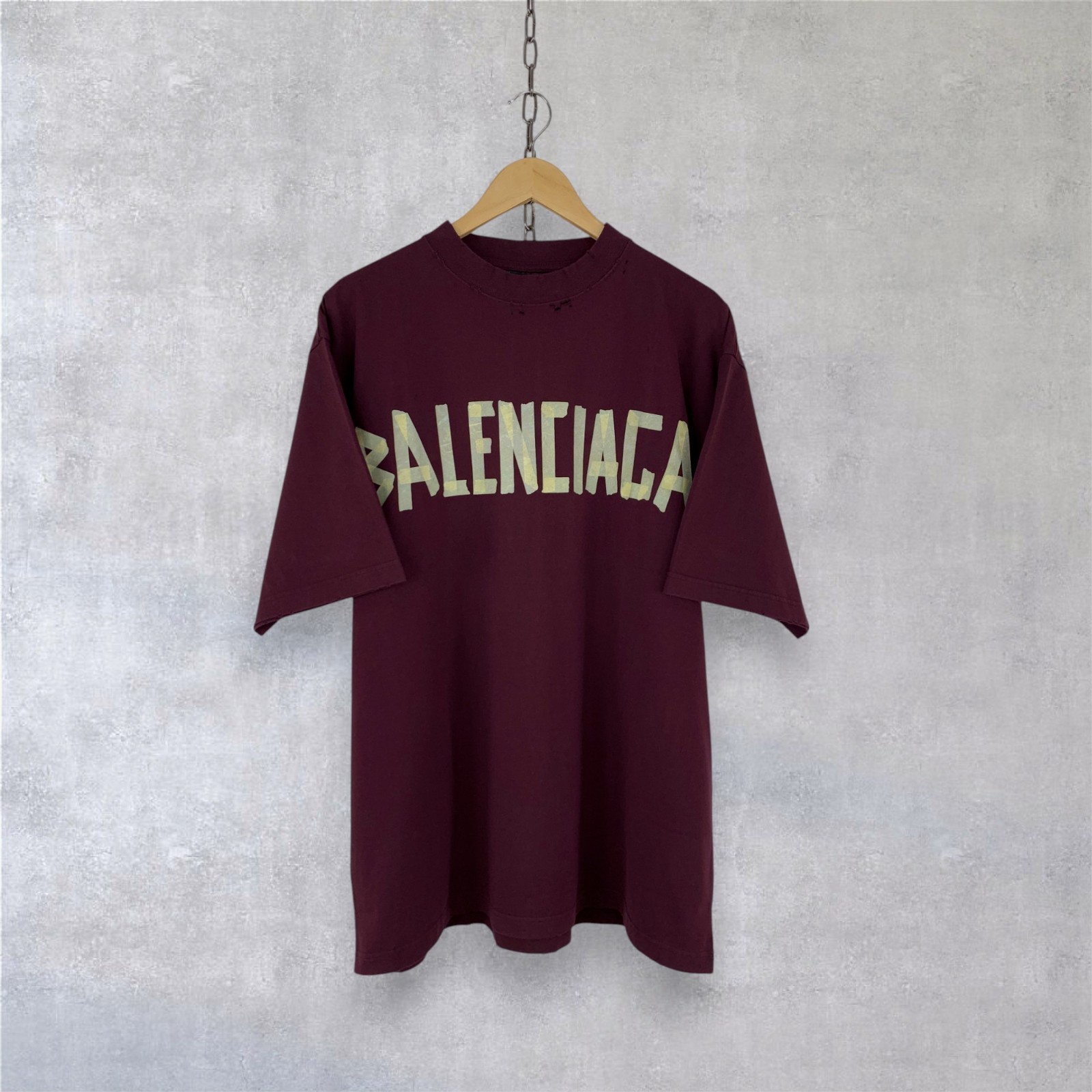 Balenciaga Tape Type Logo Cotton Crewneck Short Sleeve Burgundy T-shirt Size M