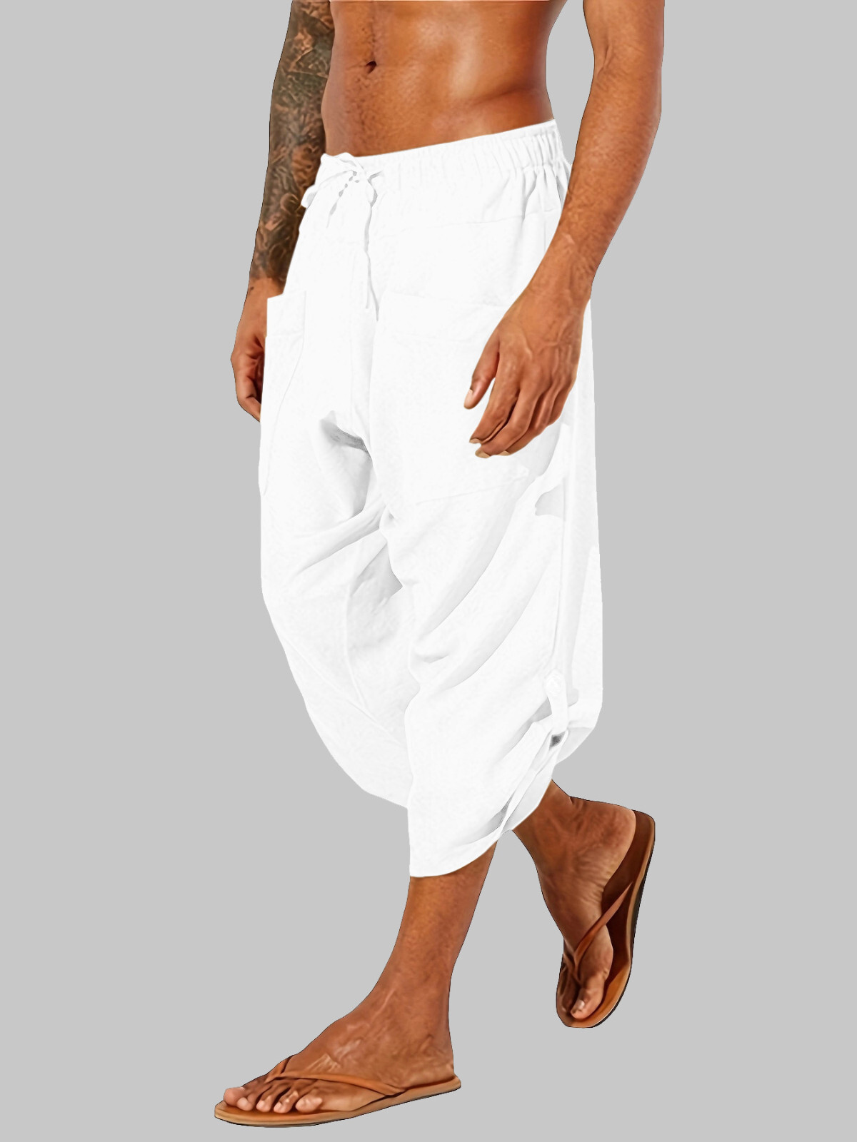 Mens Yoga Cotton Linen 3/4 Harem Pants Casual Baggy Loose Hippie Beach Trousers