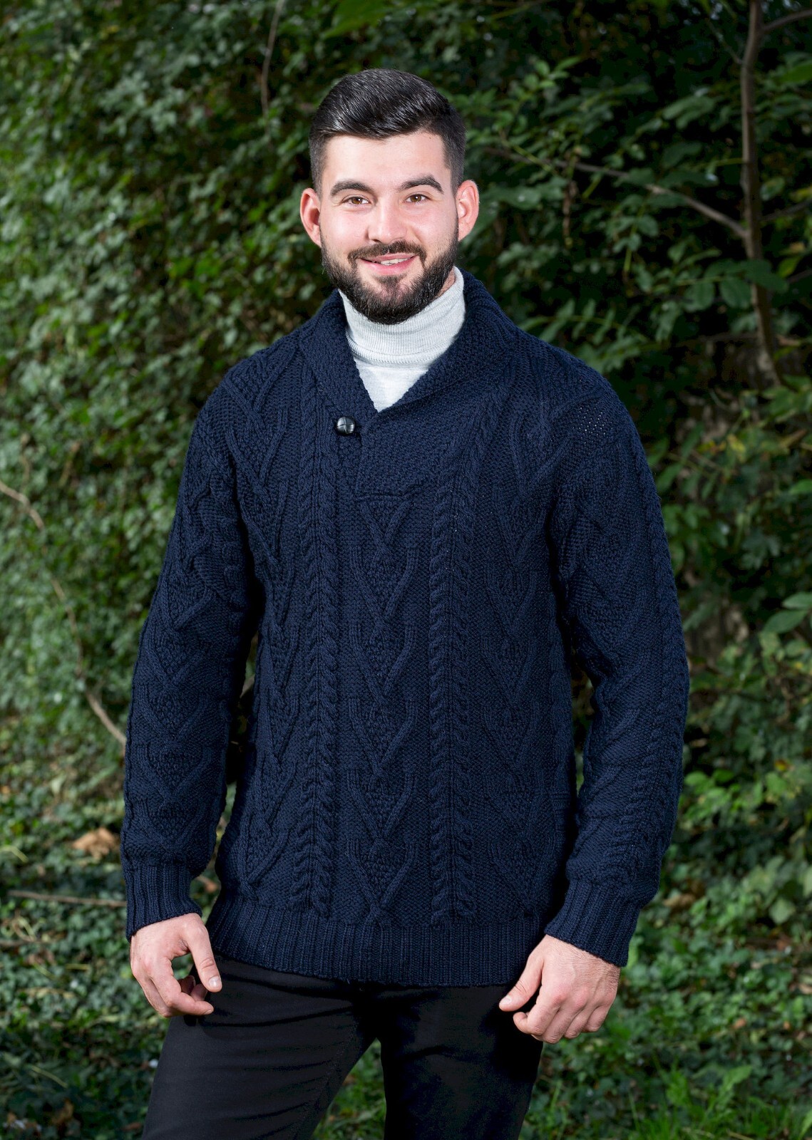 SAOL Aran Irish Fisherman Merino Wool Sweater Men’s Cable Knit Shawl Pullover