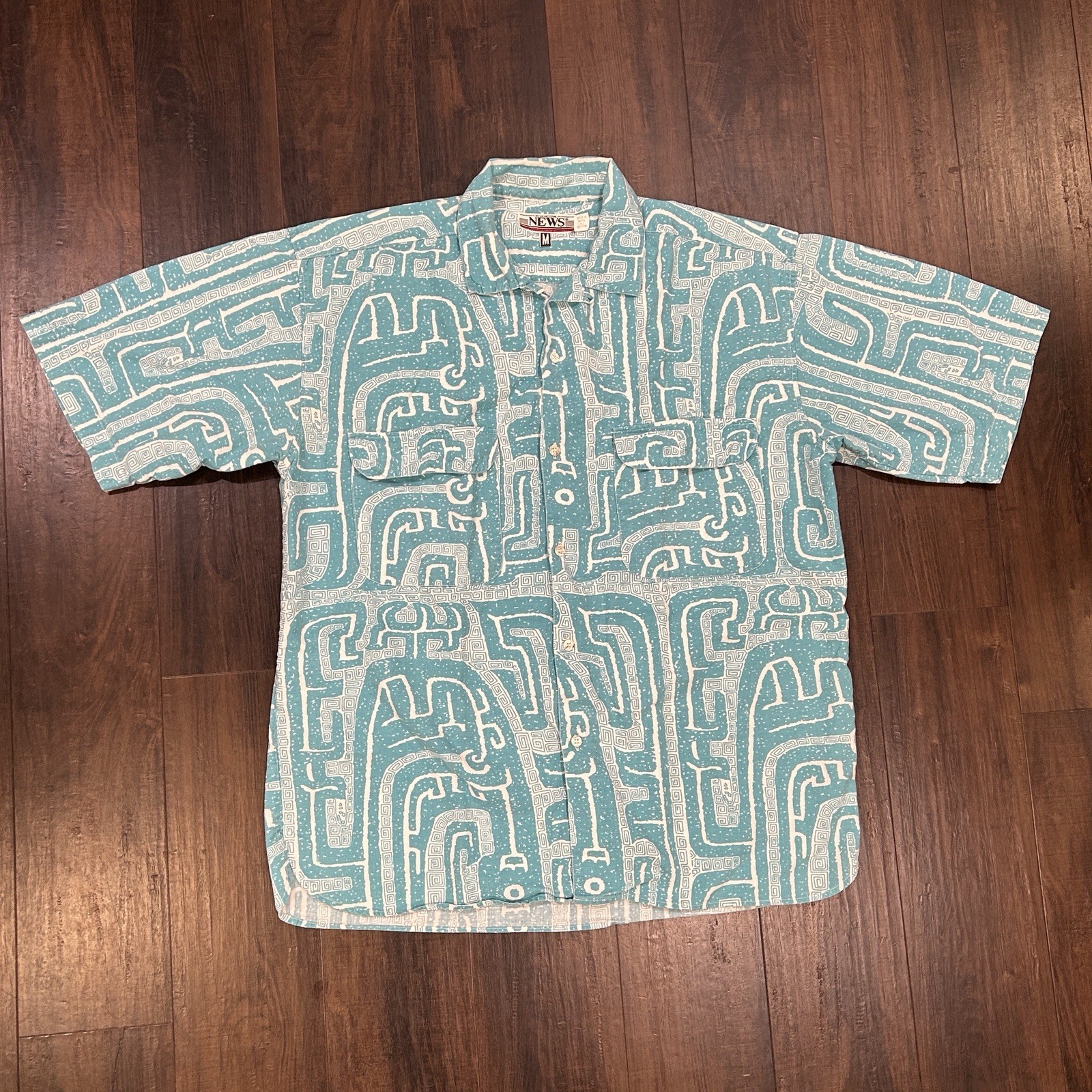 Vintage 90s International News Tribal Print Shirt M Cotton Teal Blue Made Nepal