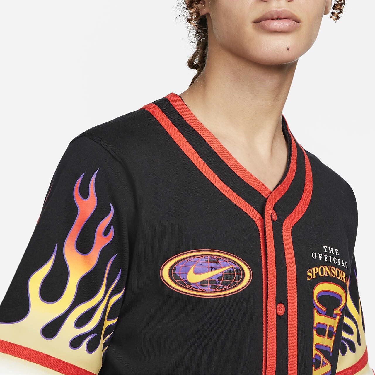 [S] NIKE AMERICANA TOP CHAMPIONSHIP ATHLETES Flames Button Shirt Black Orange