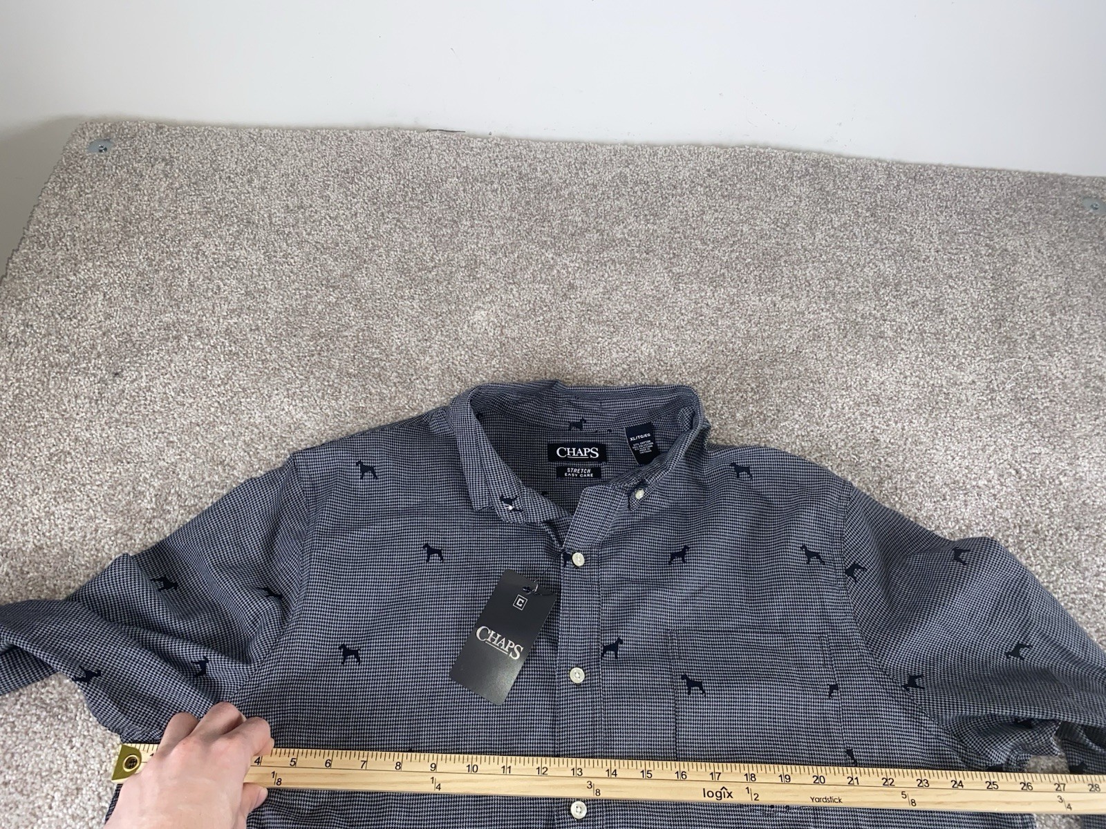 Chaps Stretch Easy Care Button Down Dog All Over print Gray Plaid Mens XL Preppy
