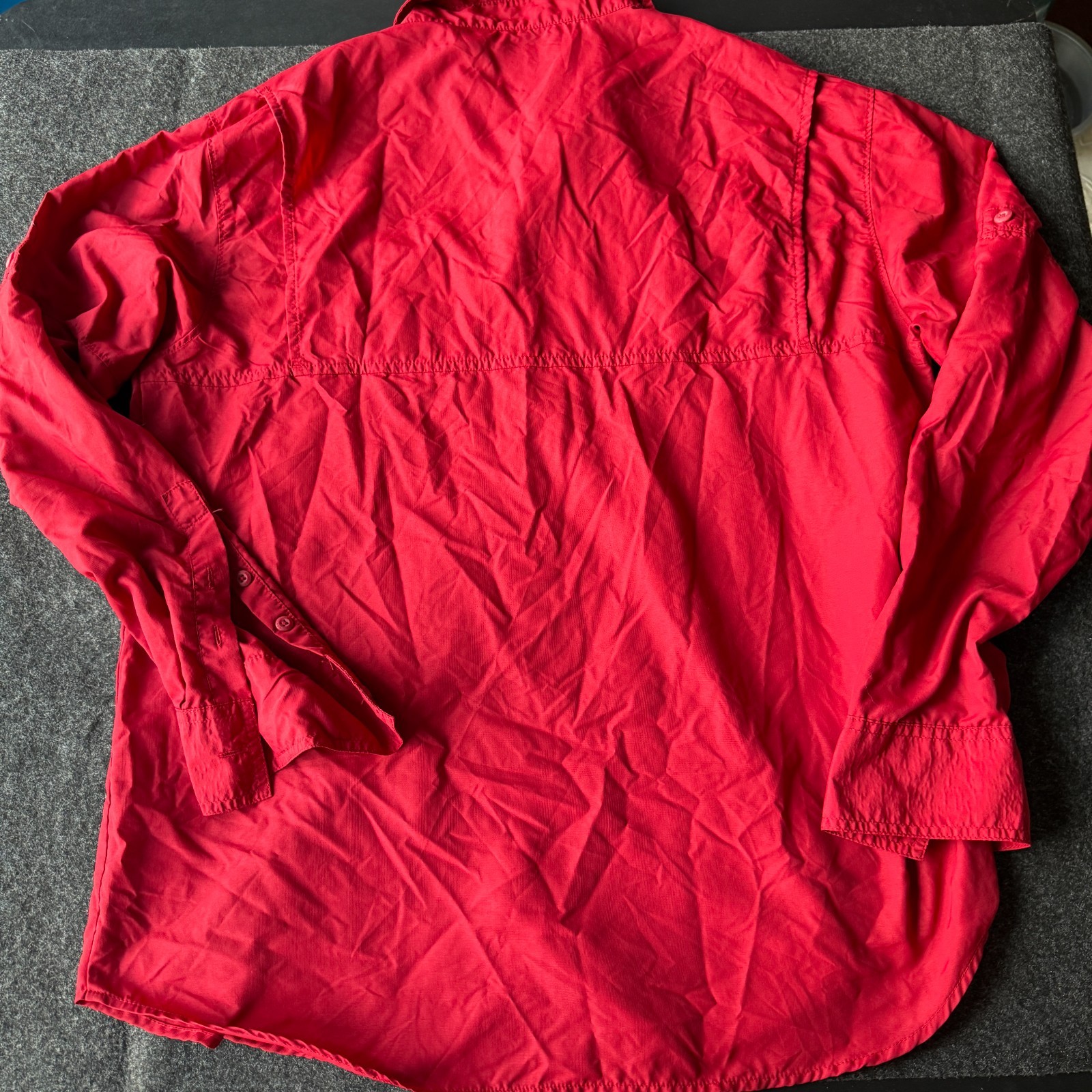 Columbia Omni-Shade Mens Large Red Hiking Shirt Vented Roll Tab Long Sleeve