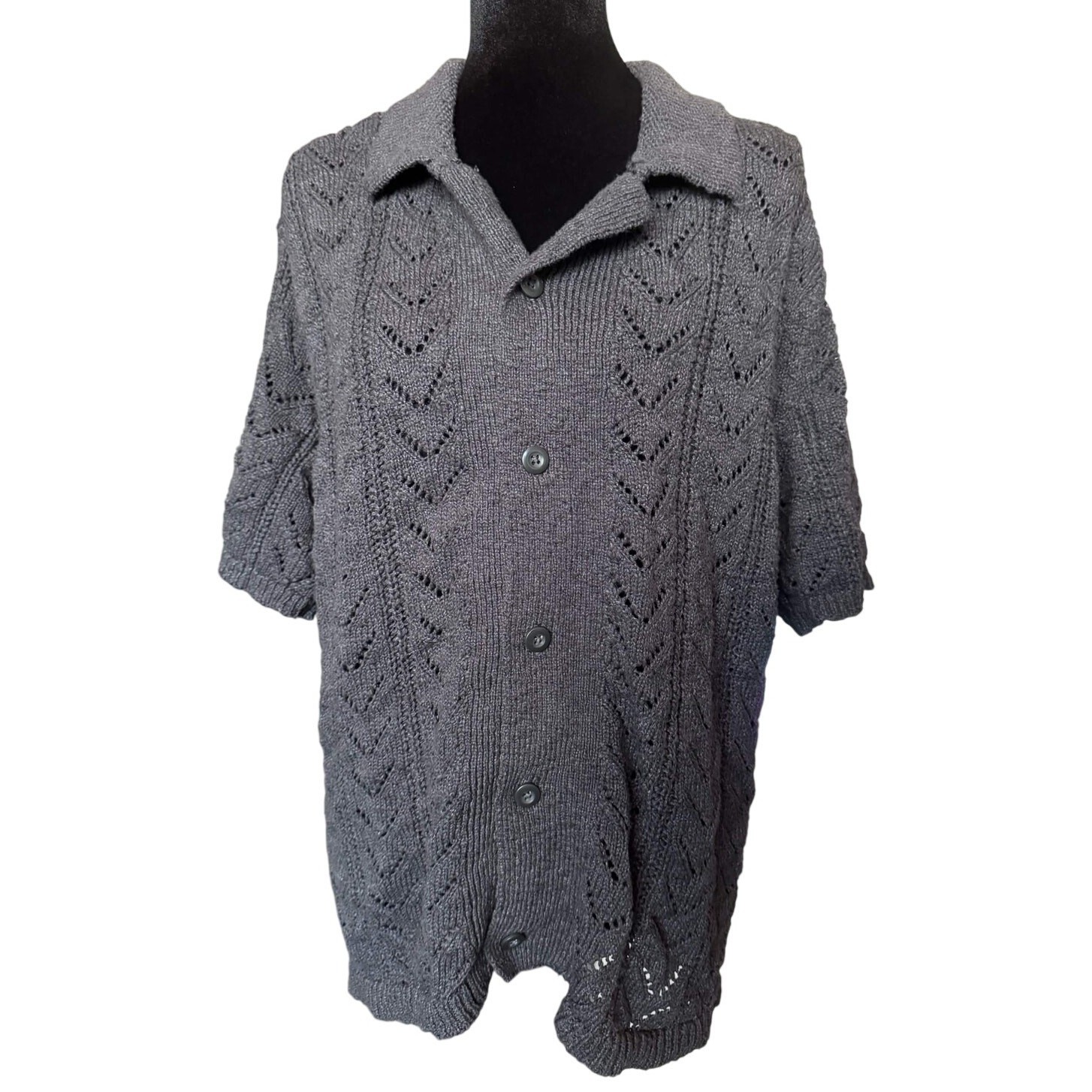 American Eagle Crochet Sweater Polo Shirt Grey Knit Button Up Boho Men’s Large