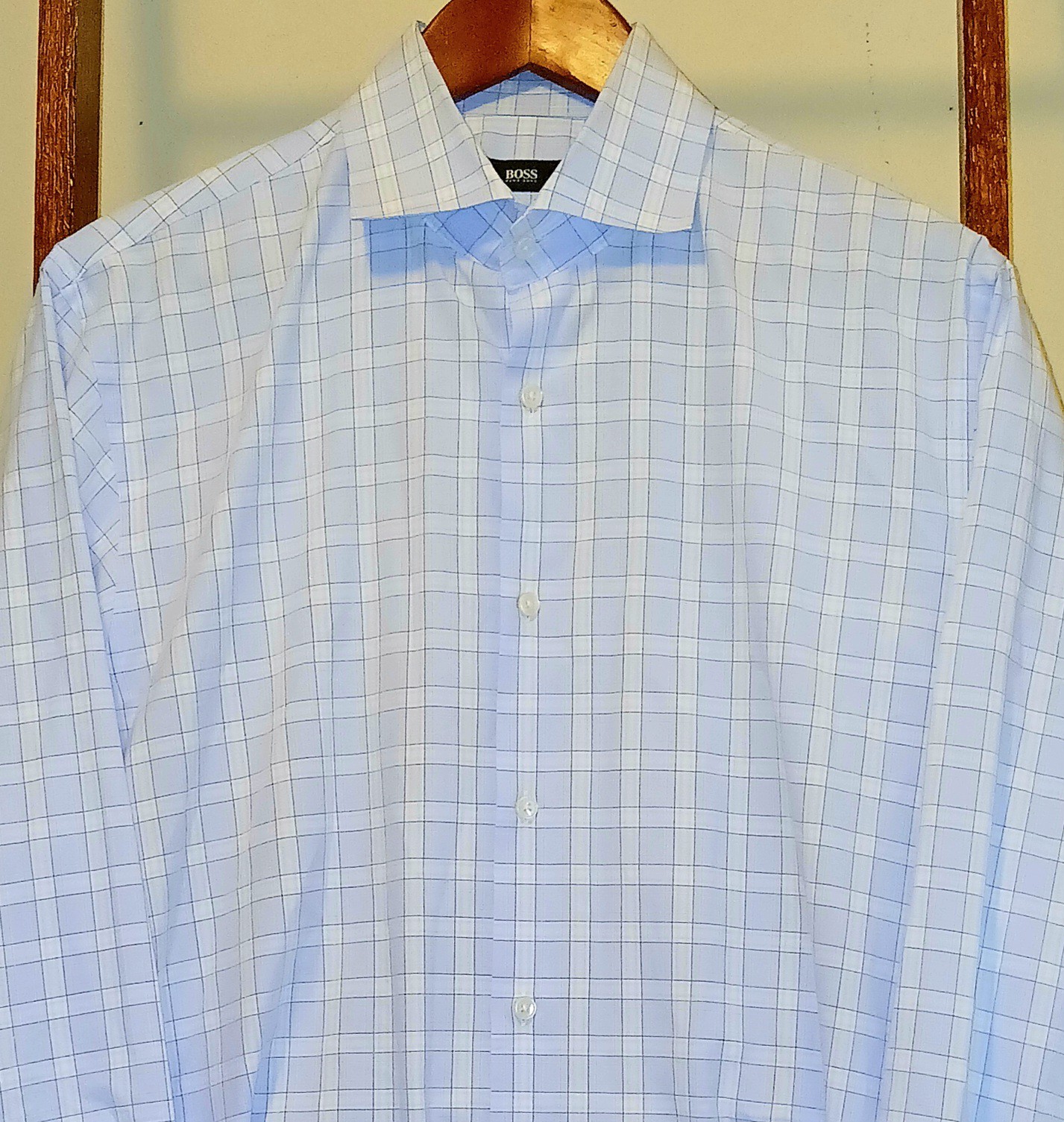 Hugo Boss Shirt Men’s Size 16 32/33 Blue Check Sharp Fit Long Sleeve Button Up